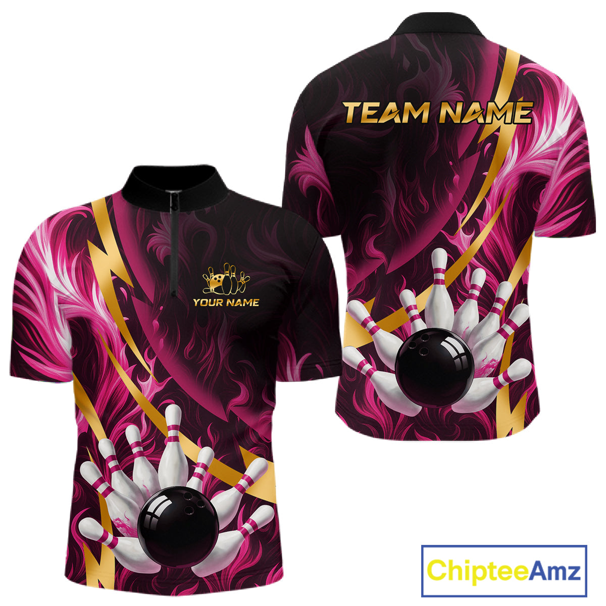 Personalized Pink Flame And Gold Bowling Shirts For Men Custom Bowling Team Jersey Polo & 1/4 Zip TDM7482