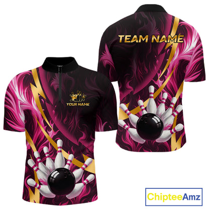 Personalized Pink Flame And Gold Bowling Shirts For Men Custom Bowling Team Jersey Polo & 1/4 Zip TDM7482
