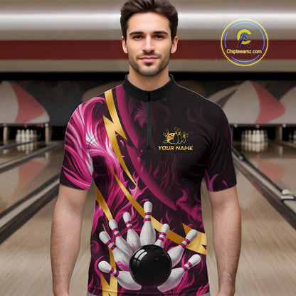 Personalized Pink Flame And Gold Bowling Shirts For Men Custom Bowling Team Jersey Polo & 1/4 Zip TDM7482