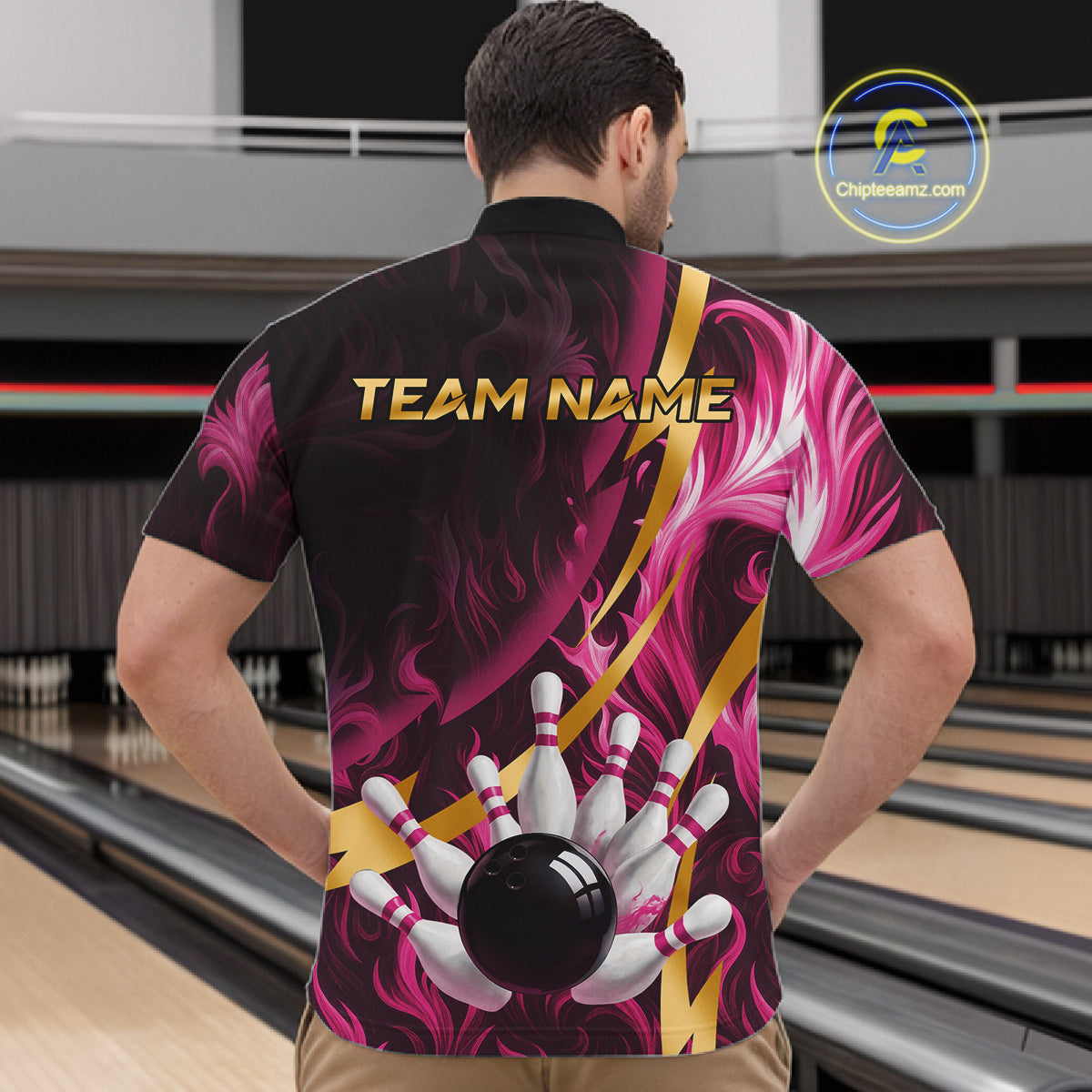 Personalized Pink Flame And Gold Bowling Shirts For Men Custom Bowling Team Jersey Polo & 1/4 Zip TDM7482