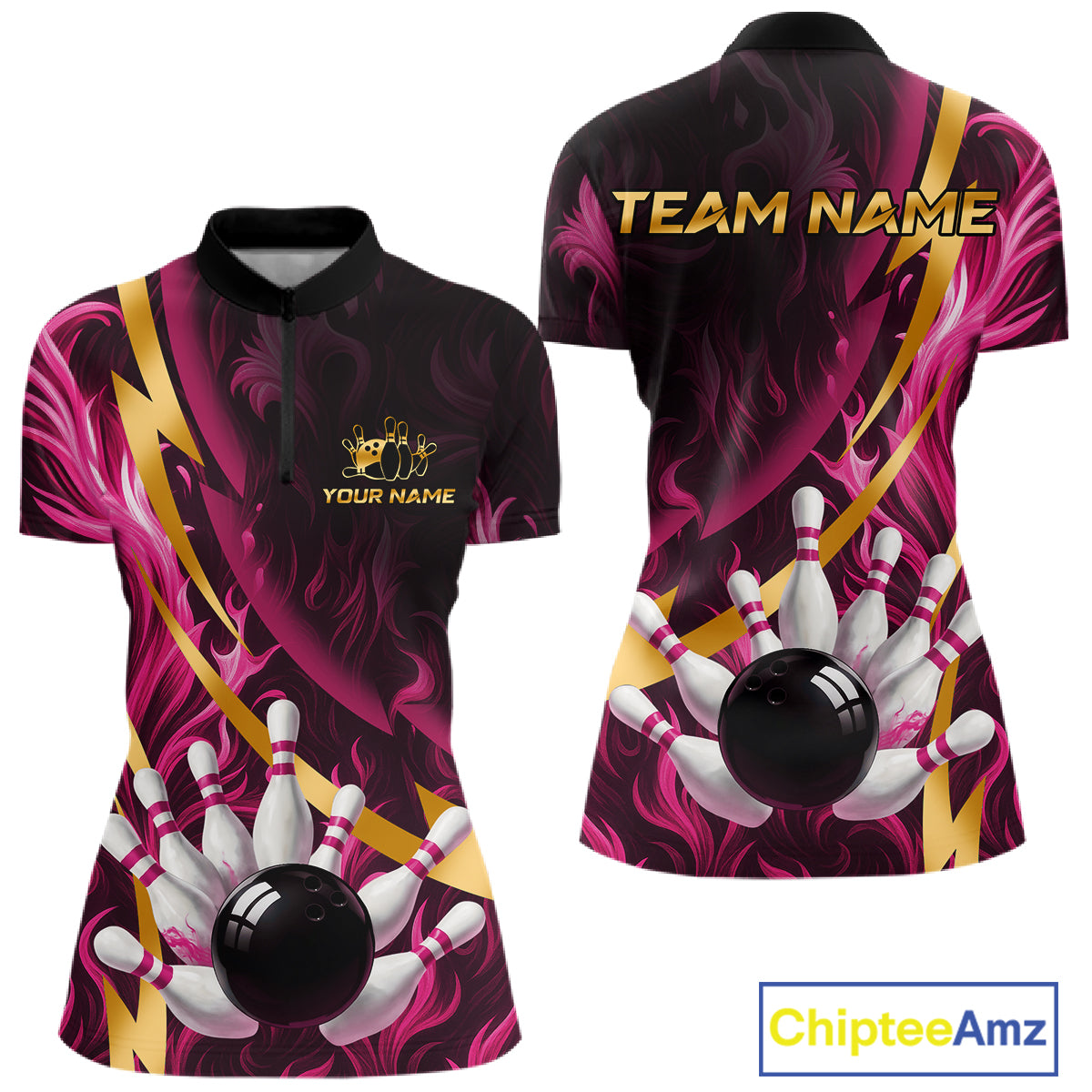 Personalized Pink Flame And Gold Bowling Shirts For Women Custom Bowling Team Jersey Polo & 1/4 Zip TDM7482