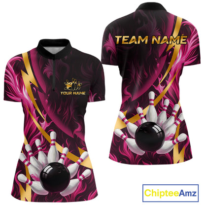 Personalized Pink Flame And Gold Bowling Shirts For Women Custom Bowling Team Jersey Polo & 1/4 Zip TDM7482