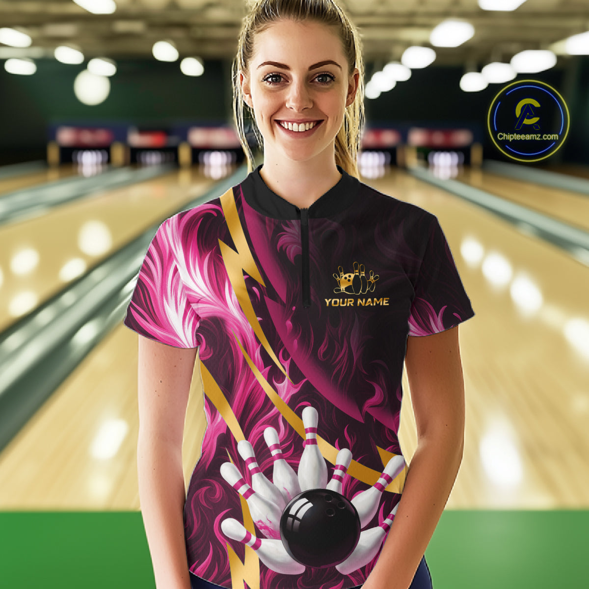 Personalized Pink Flame And Gold Bowling Shirts For Women Custom Bowling Team Jersey Polo & 1/4 Zip TDM7482