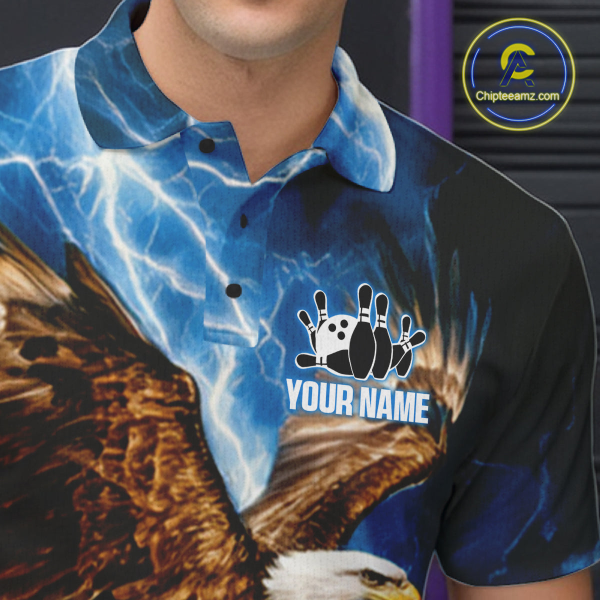 Blue Lightning Thunder Custom Eagle Bowling Shirts For Men Personalized Bowling League Team Jersey TDM7486