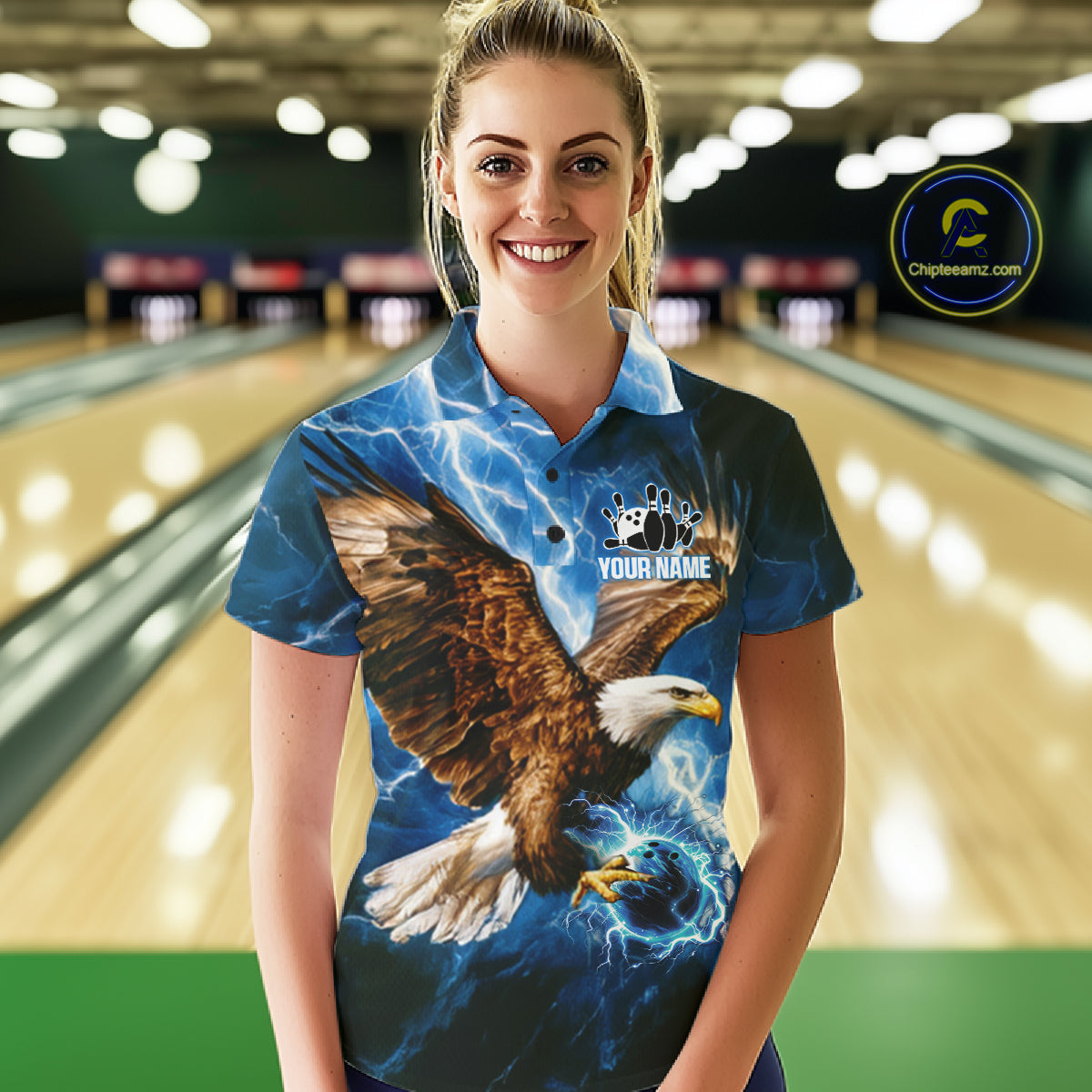Blue Lightning Thunder Custom Eagle Bowling Shirts For Women Personalized Bowling League Team Jersey TDM7486