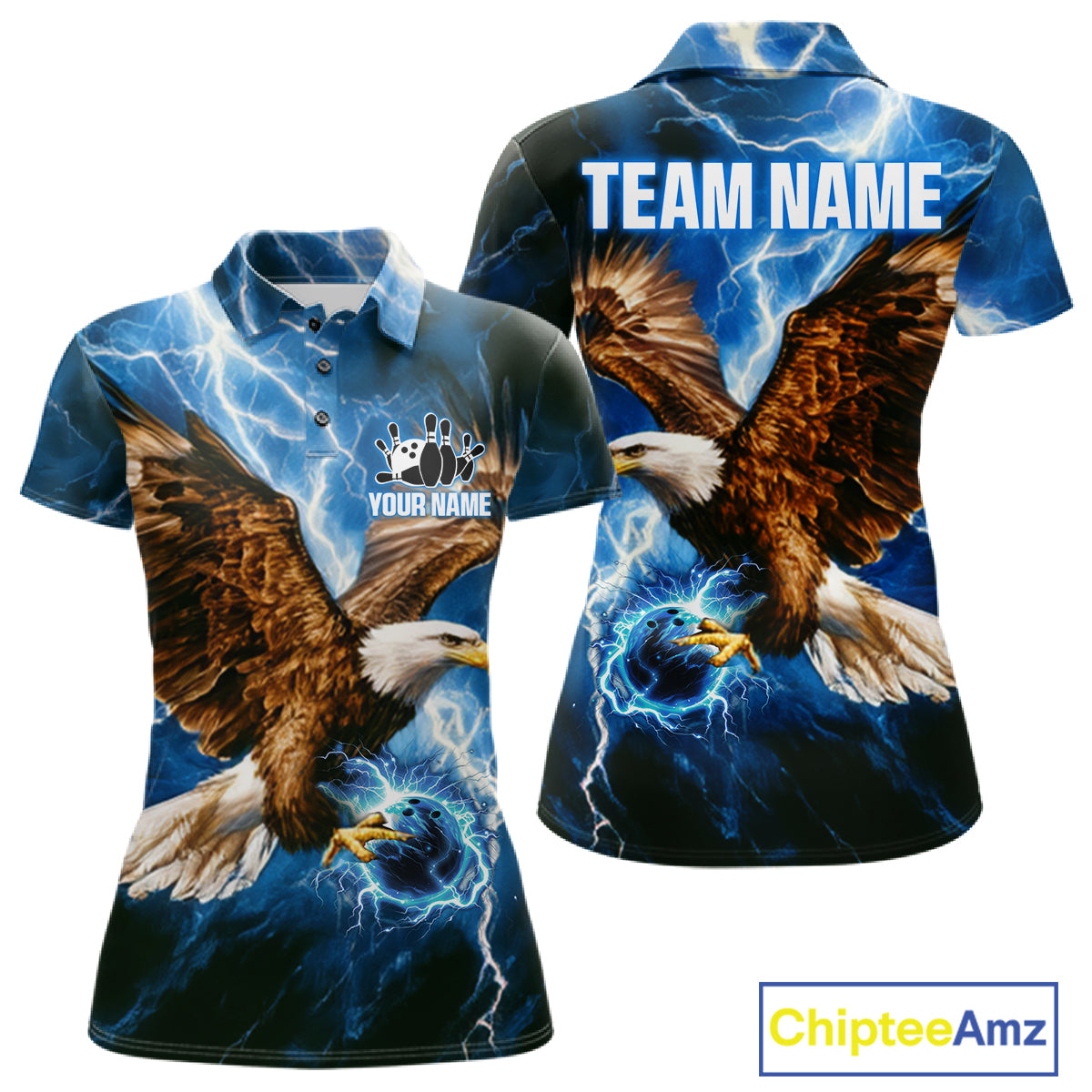 Blue Lightning Thunder Custom Eagle Bowling Shirts For Women Personalized Bowling League Team Jersey TDM7486