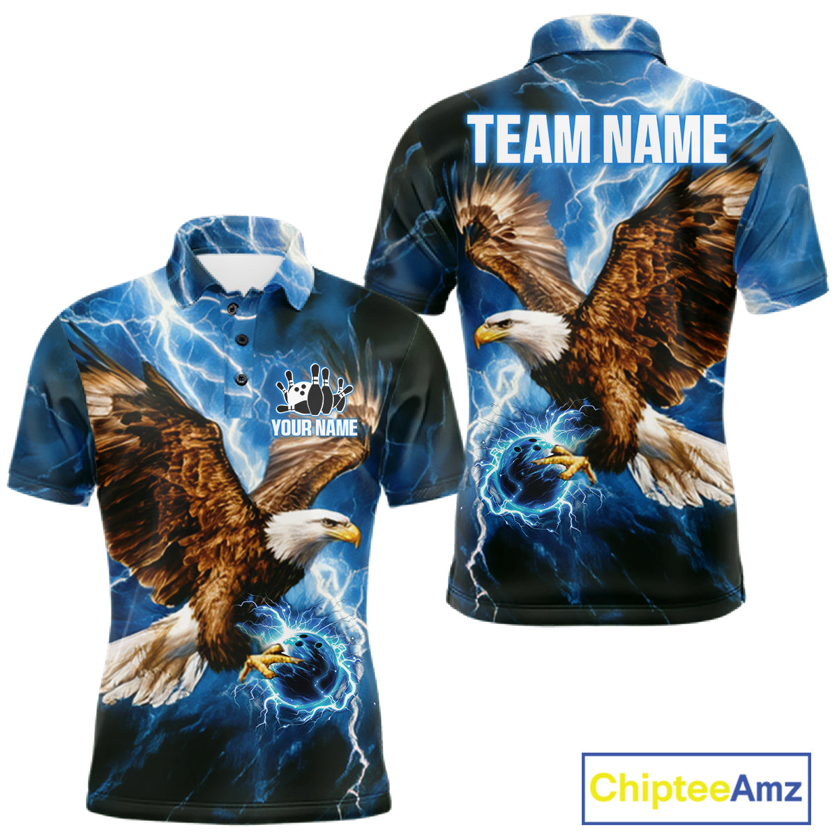 Blue Lightning Thunder Custom Eagle Bowling Shirts For Men Personalized Bowling League Team Jersey TDM7486