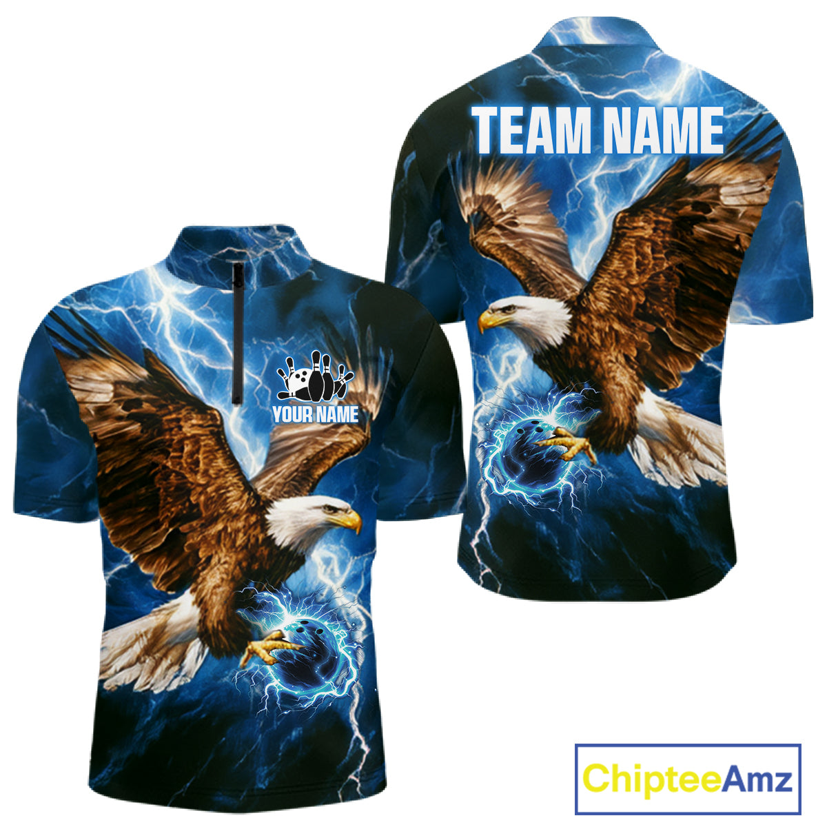 Blue Lightning Thunder Custom Eagle Bowling Shirts For Men Personalized Bowling League Team Jersey TDM7486