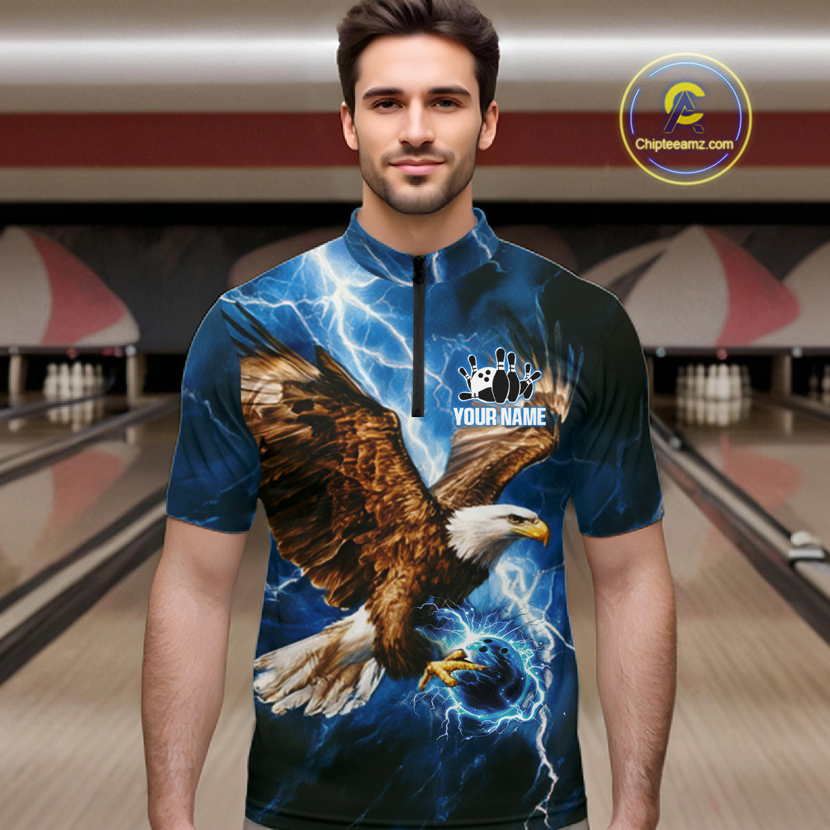 Blue Lightning Thunder Custom Eagle Bowling Shirts For Men Personalized Bowling League Team Jersey TDM7486