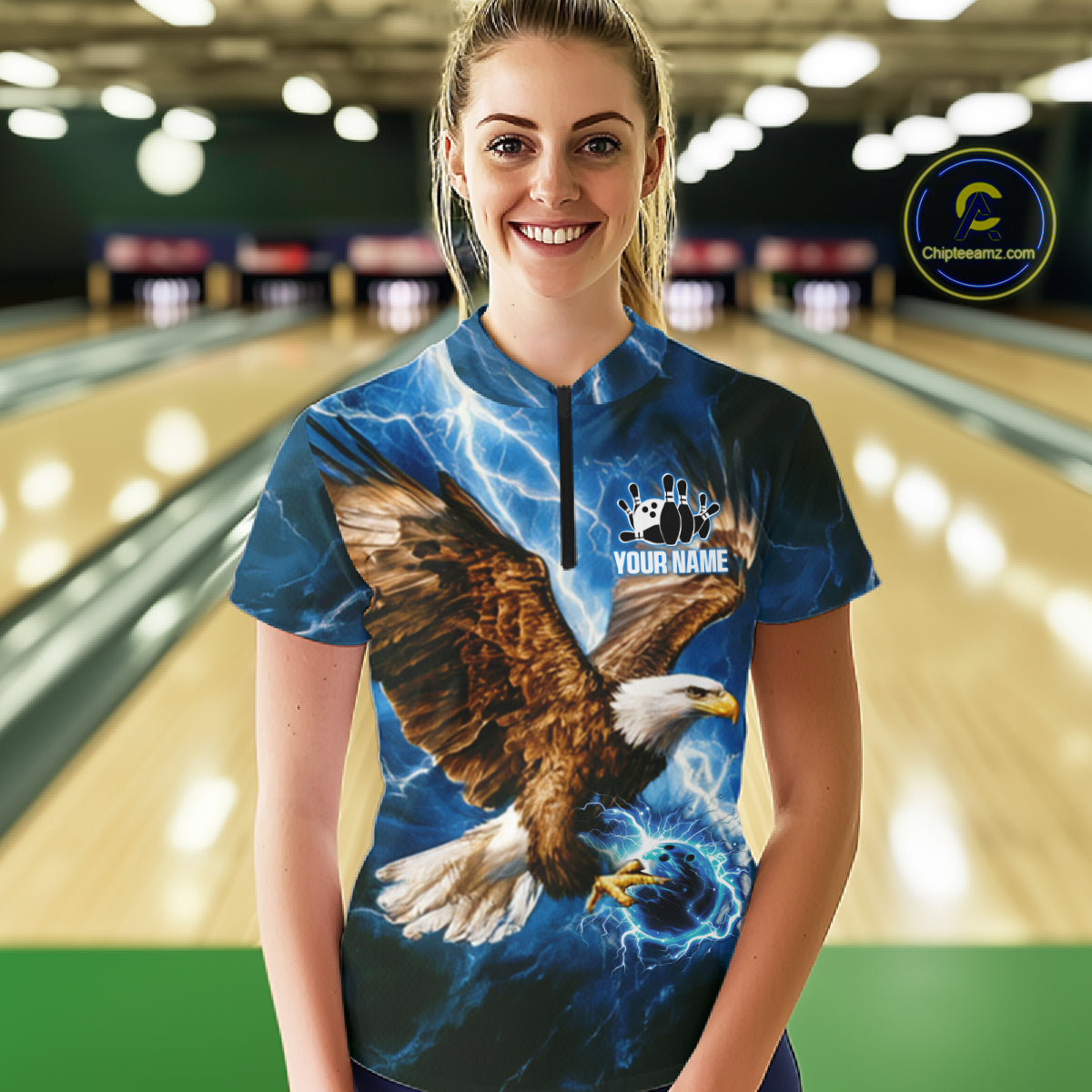 Blue Lightning Thunder Custom Eagle Bowling Shirts For Women Personalized Bowling League Team Jersey TDM7486