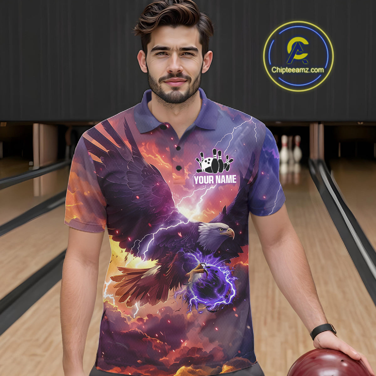 Orange And Purple Lightning Thunder Custom Eagle Bowling Shirts For Men Bowling League Team Jersey TDM7487