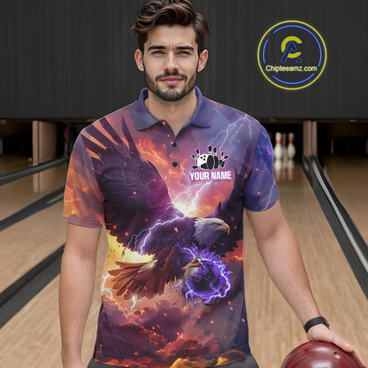 Orange And Purple Lightning Thunder Custom Eagle Bowling Shirts For Men Bowling League Team Jersey TDM7487