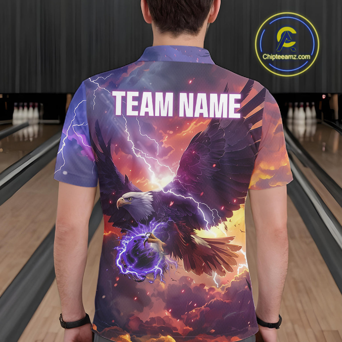 Orange And Purple Lightning Thunder Custom Eagle Bowling Shirts For Men Bowling League Team Jersey TDM7487