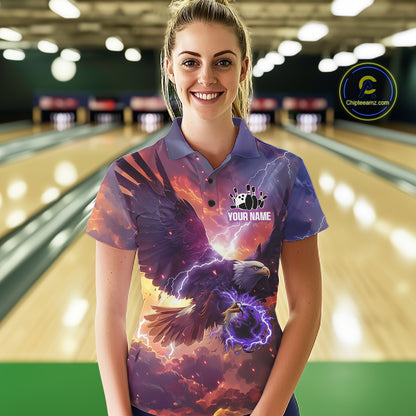 Orange And Purple Lightning Thunder Custom Eagle Bowling Shirts For Women Bowling League Team Jersey TDM7487