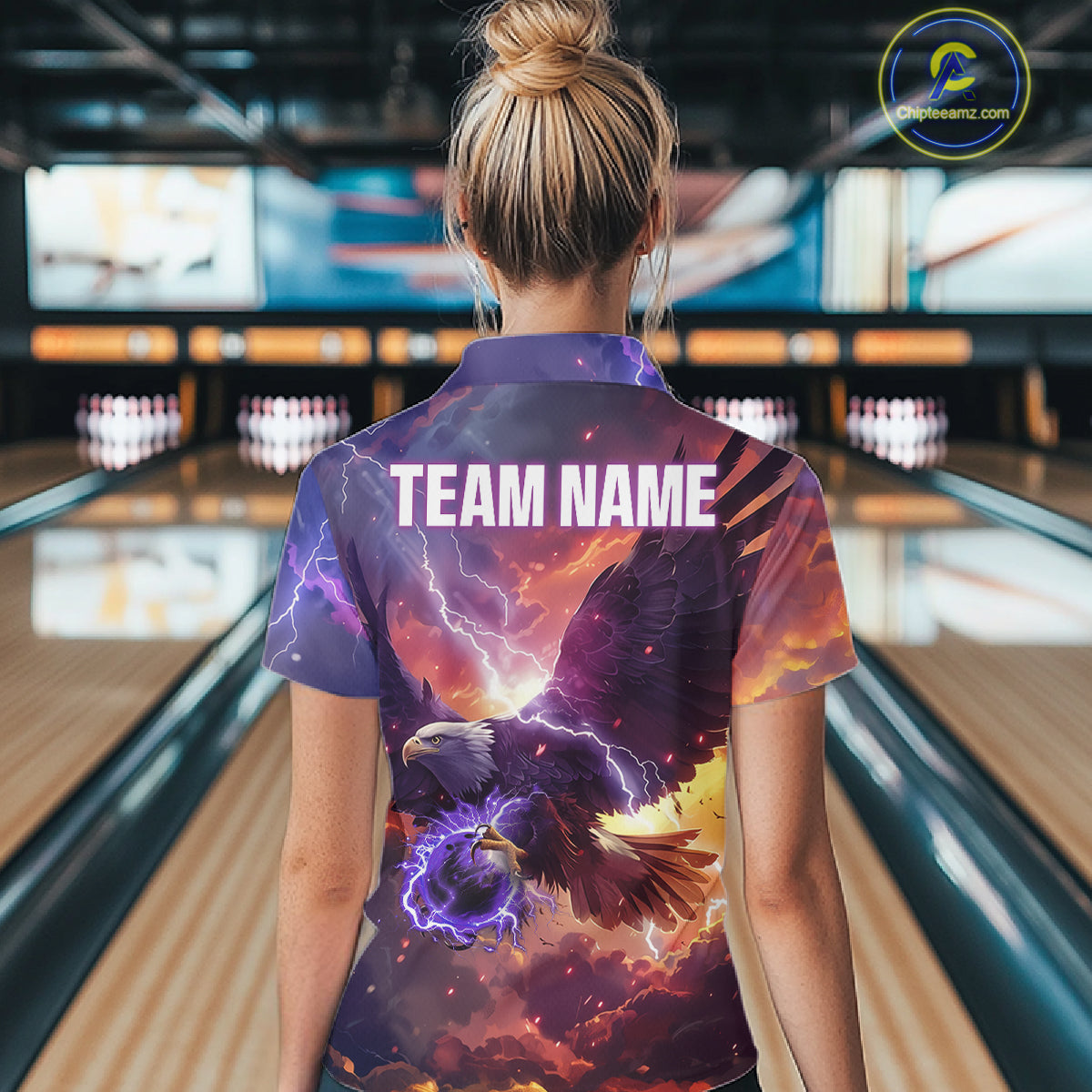 Orange And Purple Lightning Thunder Custom Eagle Bowling Shirts For Women Bowling League Team Jersey TDM7487