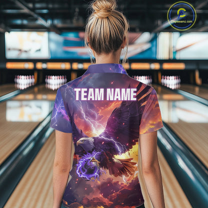 Orange And Purple Lightning Thunder Custom Eagle Bowling Shirts For Women Bowling League Team Jersey TDM7487