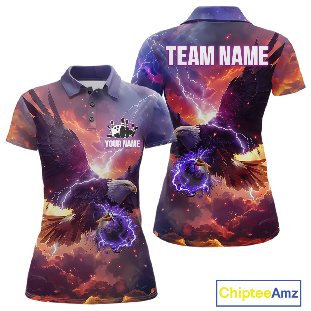 Orange And Purple Lightning Thunder Custom Eagle Bowling Shirts For Women Bowling League Team Jersey TDM7487