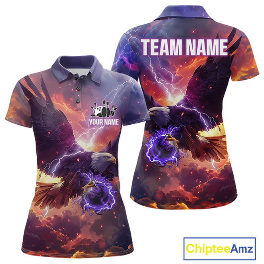 Orange And Purple Lightning Thunder Custom Eagle Bowling Shirts For Women Bowling League Team Jersey TDM7487