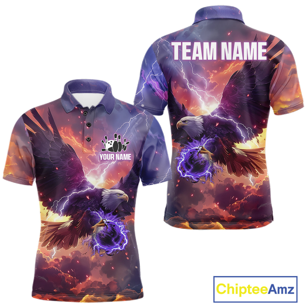 Orange And Purple Lightning Thunder Custom Eagle Bowling Shirts For Men Bowling League Team Jersey TDM7487
