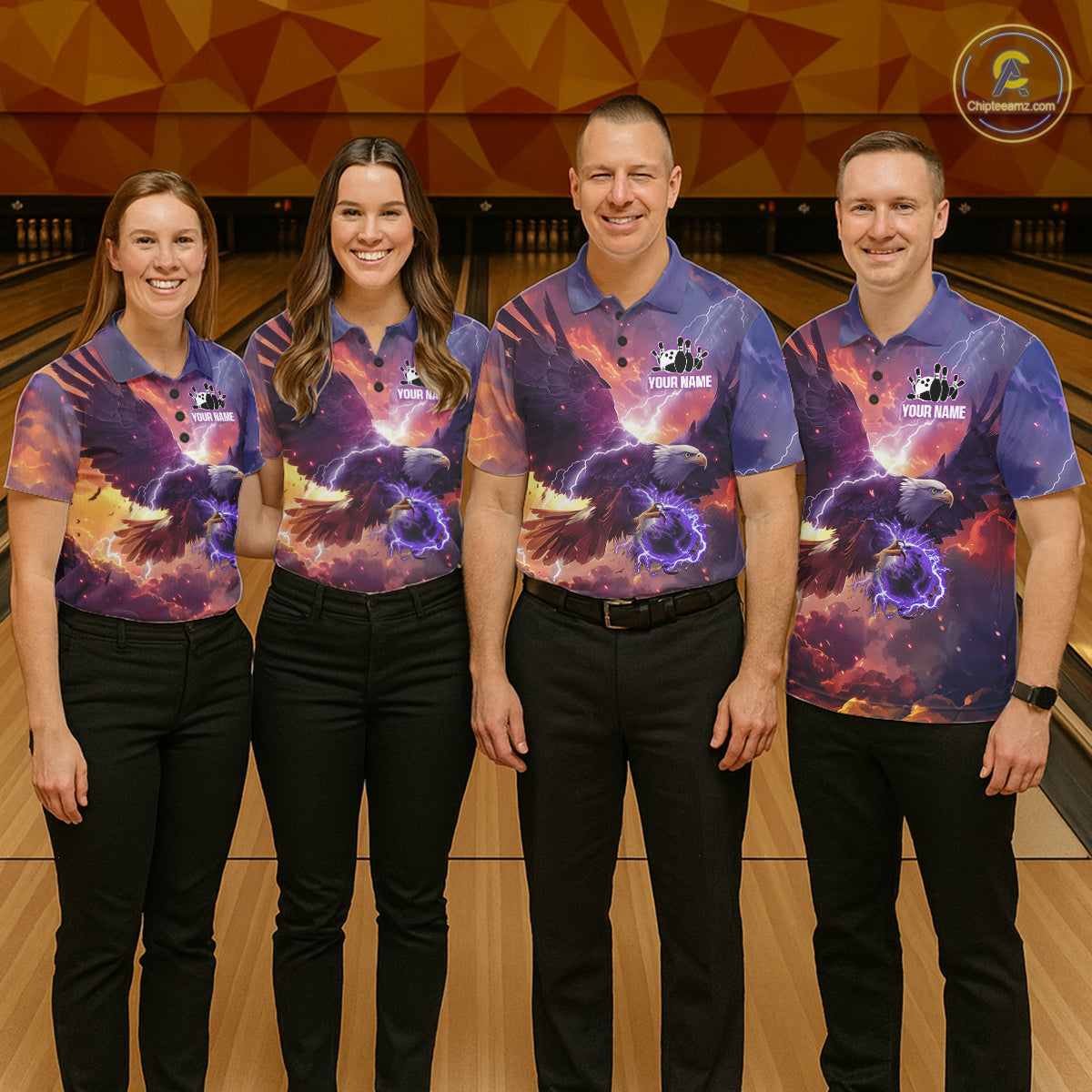 Orange And Purple Lightning Thunder Custom Eagle Bowling Shirts For Women Bowling League Team Jersey TDM7487