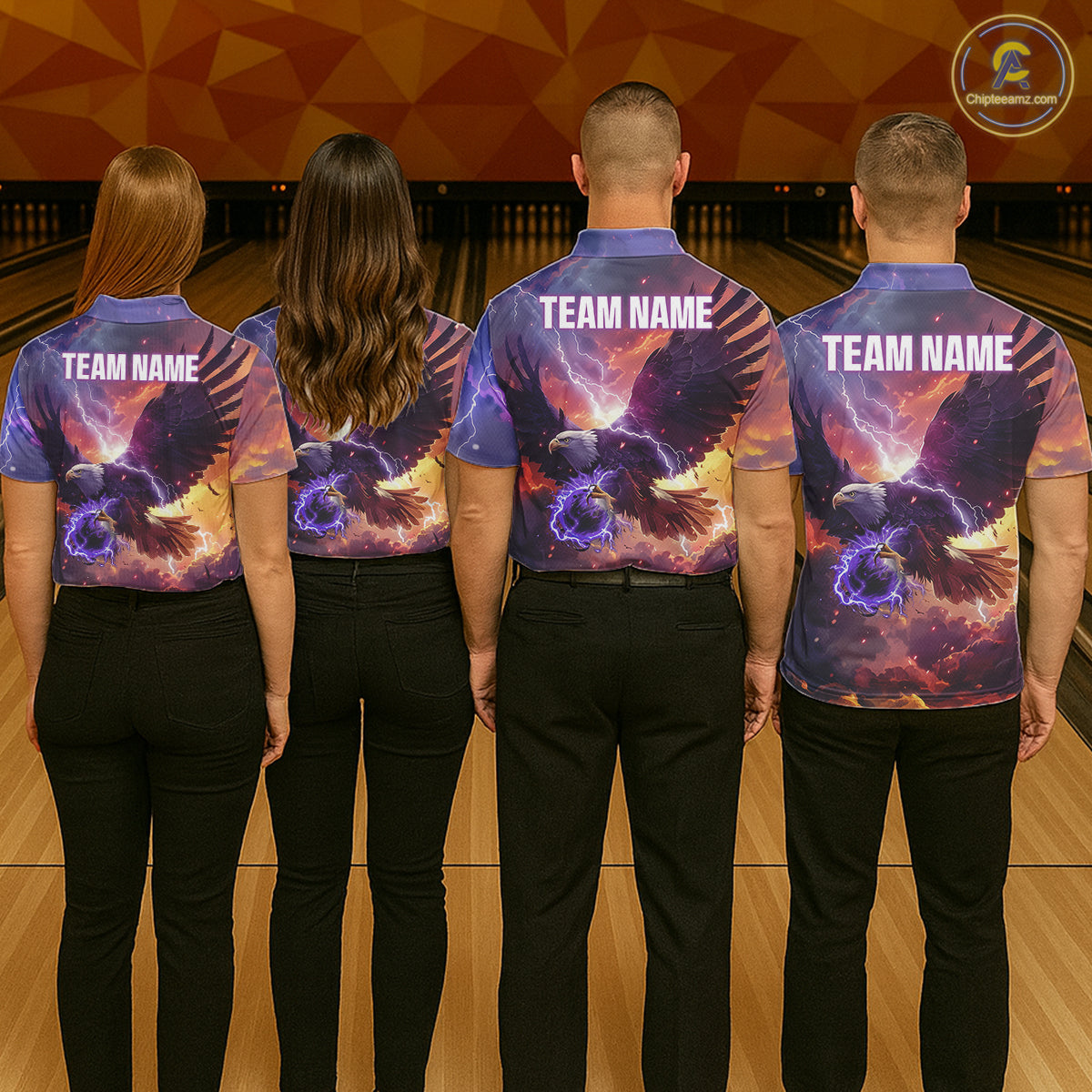 Orange And Purple Lightning Thunder Custom Eagle Bowling Shirts For Women Bowling League Team Jersey TDM7487