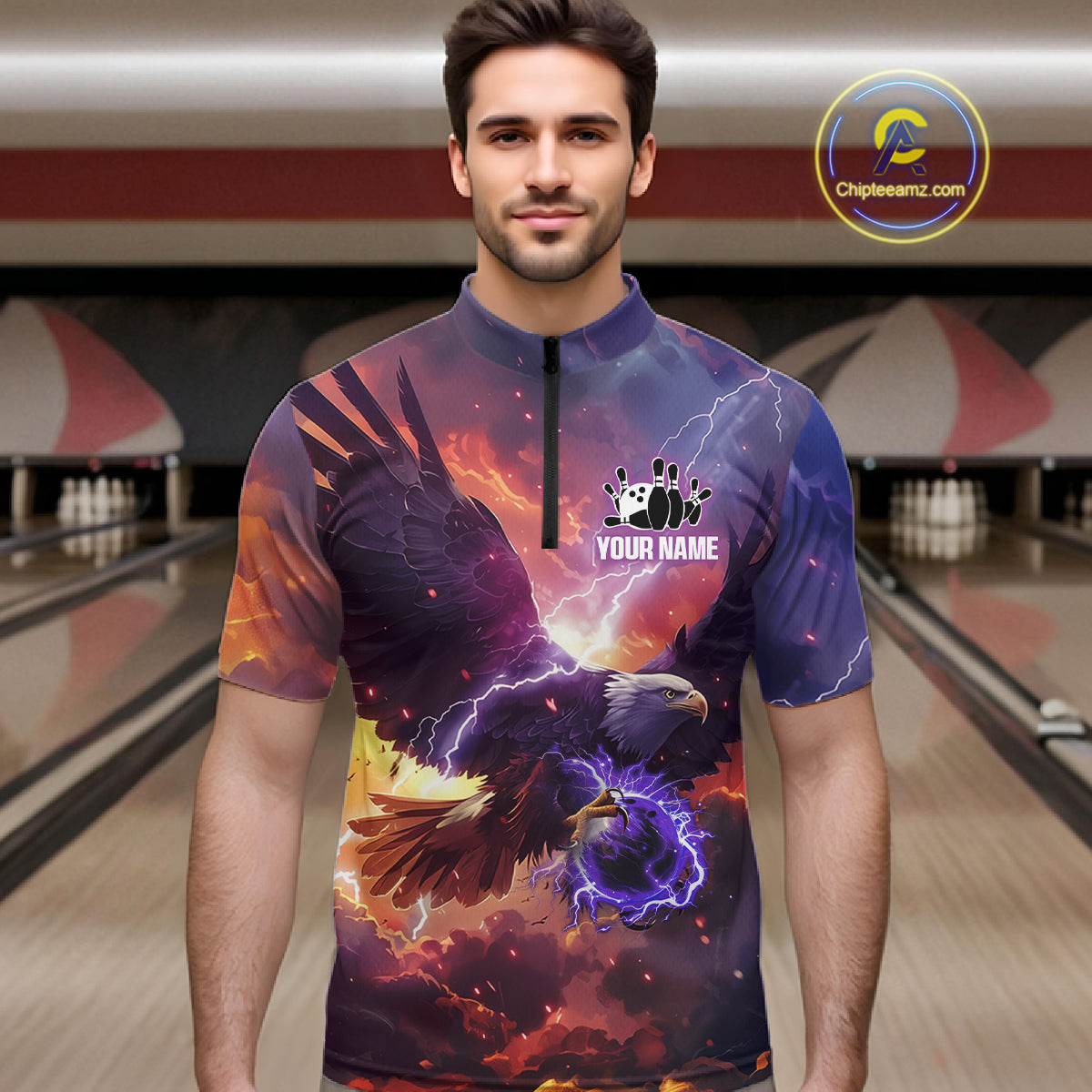 Orange And Purple Lightning Thunder Custom Eagle Bowling Shirts For Men Bowling League Team Jersey TDM7487