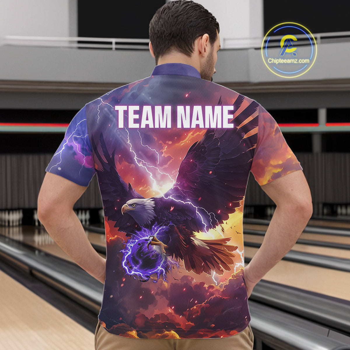 Orange And Purple Lightning Thunder Custom Eagle Bowling Shirts For Men Bowling League Team Jersey TDM7487