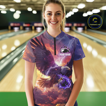 Orange And Purple Lightning Thunder Custom Eagle Bowling Shirts For Women Bowling League Team Jersey TDM7487