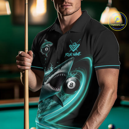 Black And Teal 8 Ball Shark Billiard League Shirts For Men Custom Pool Team Jersey Polo & 1/4 Zip TDM7488