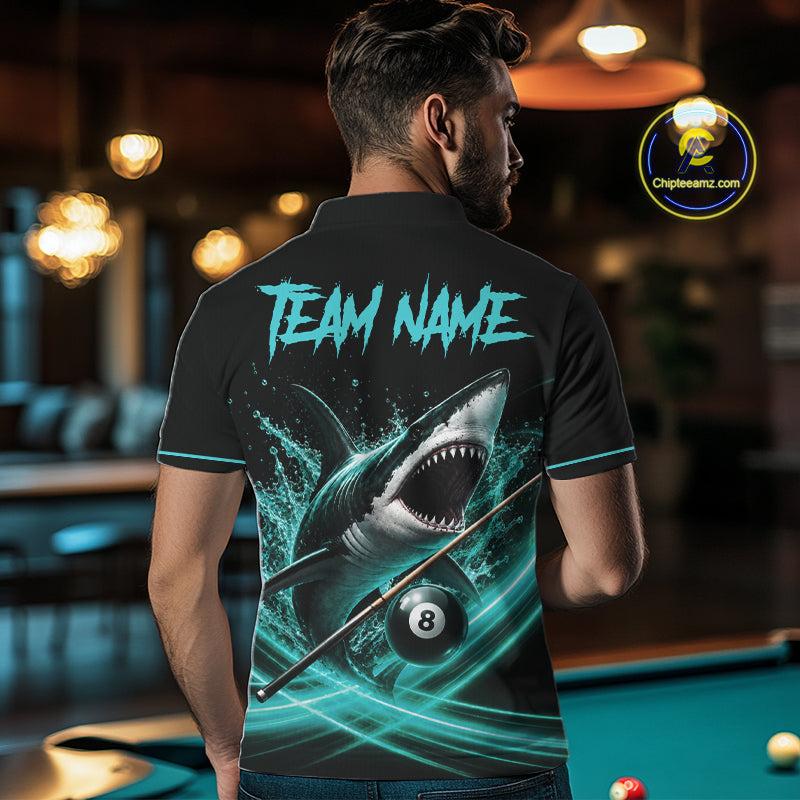 Black And Teal 8 Ball Shark Billiard League Shirts For Men Custom Pool Team Jersey Polo & 1/4 Zip TDM7488