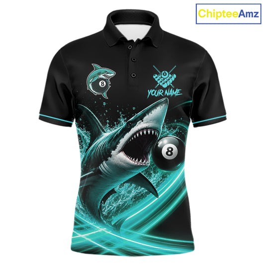 Black And Teal 8 Ball Shark Billiard League Shirts For Men Custom Pool Team Jersey Polo & 1/4 Zip TDM7488