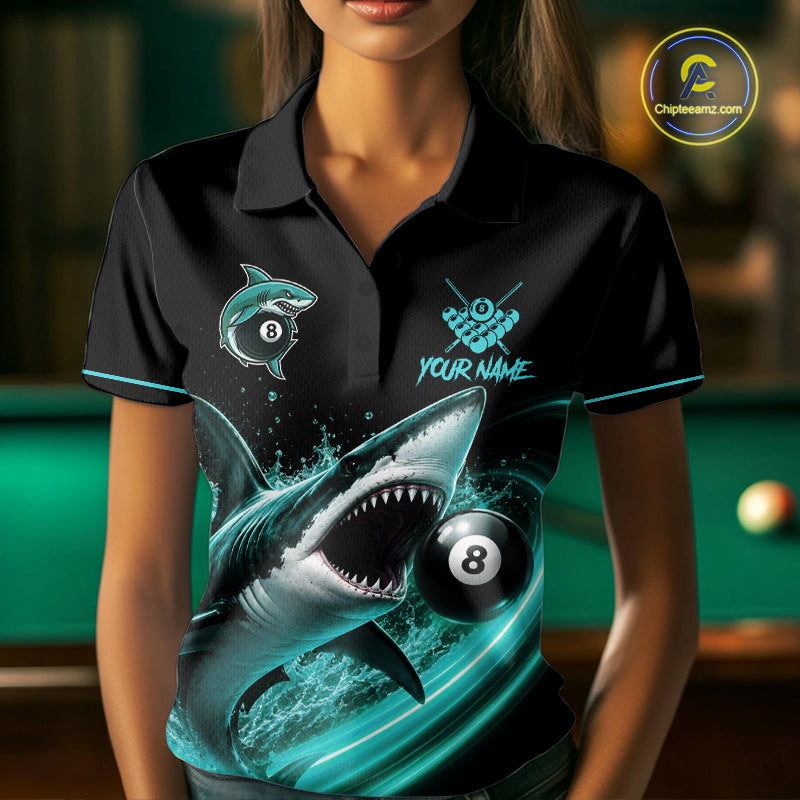 Black And Teal 8 Ball Shark Billiard League Shirts For Women Custom Pool Team Jersey Polo & 1/4 Zip TDM7488