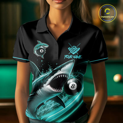 Black And Teal 8 Ball Shark Billiard League Shirts For Women Custom Pool Team Jersey Polo & 1/4 Zip TDM7488