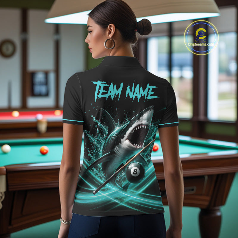 Black And Teal 8 Ball Shark Billiard League Shirts For Women Custom Pool Team Jersey Polo & 1/4 Zip TDM7488