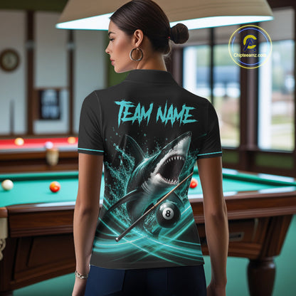 Black And Teal 8 Ball Shark Billiard League Shirts For Women Custom Pool Team Jersey Polo & 1/4 Zip TDM7488