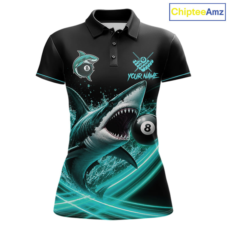 Black And Teal 8 Ball Shark Billiard League Shirts For Women Custom Pool Team Jersey Polo & 1/4 Zip TDM7488