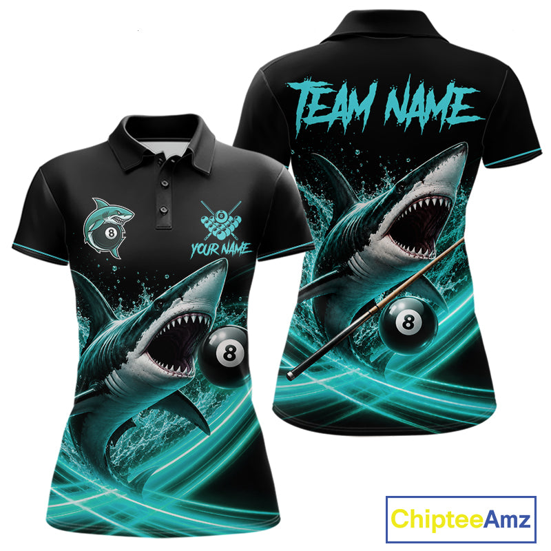 Black And Teal 8 Ball Shark Billiard League Shirts For Women Custom Pool Team Jersey Polo & 1/4 Zip TDM7488