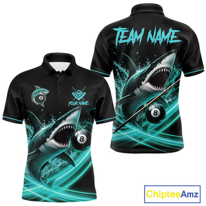 Black And Teal 8 Ball Shark Billiard League Shirts For Men Custom Pool Team Jersey Polo & 1/4 Zip TDM7488
