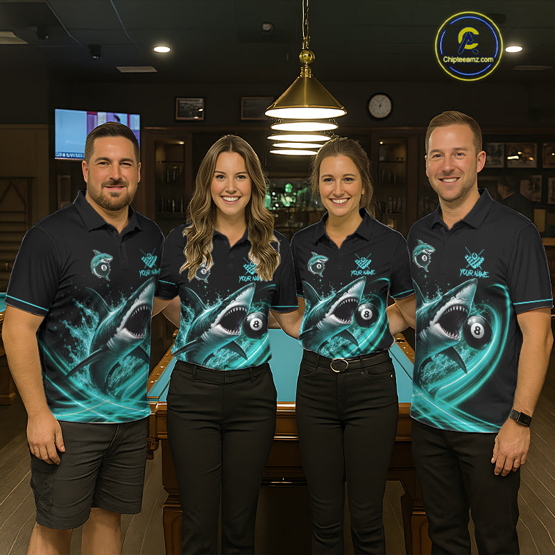 Black And Teal 8 Ball Shark Billiard League Shirts For Women Custom Pool Team Jersey Polo & 1/4 Zip TDM7488