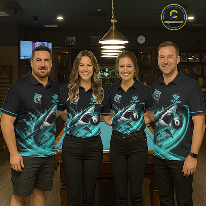 Black And Teal 8 Ball Shark Billiard League Shirts For Women Custom Pool Team Jersey Polo & 1/4 Zip TDM7488