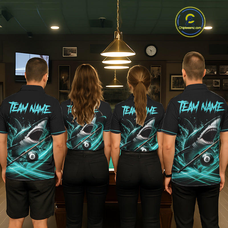 Black And Teal 8 Ball Shark Billiard League Shirts For Women Custom Pool Team Jersey Polo & 1/4 Zip TDM7488