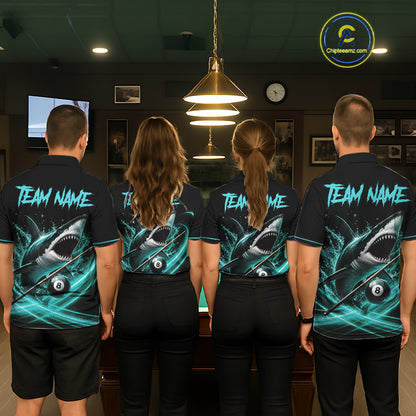Black And Teal 8 Ball Shark Billiard League Shirts For Women Custom Pool Team Jersey Polo & 1/4 Zip TDM7488