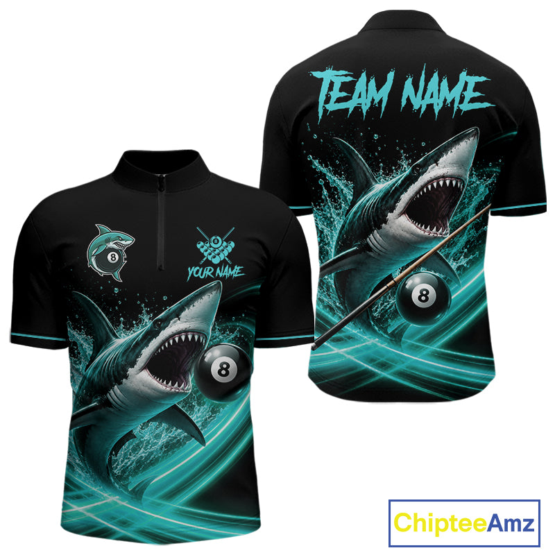 Black And Teal 8 Ball Shark Billiard League Shirts For Men Custom Pool Team Jersey Polo & 1/4 Zip TDM7488