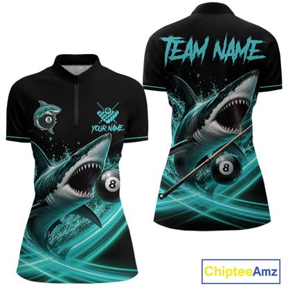 Black And Teal 8 Ball Shark Billiard League Shirts For Women Custom Pool Team Jersey Polo & 1/4 Zip TDM7488