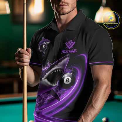 Black And Purple 8 Ball Shark Billiard League Shirt For Men Custom Pool Team Jersey Polo & 1/4 Zip TDM7489