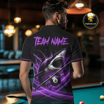 Black And Purple 8 Ball Shark Billiard League Shirt For Men Custom Pool Team Jersey Polo & 1/4 Zip TDM7489