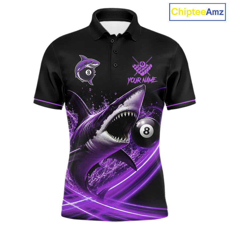 Black And Purple 8 Ball Shark Billiard League Shirt For Men Custom Pool Team Jersey Polo & 1/4 Zip TDM7489