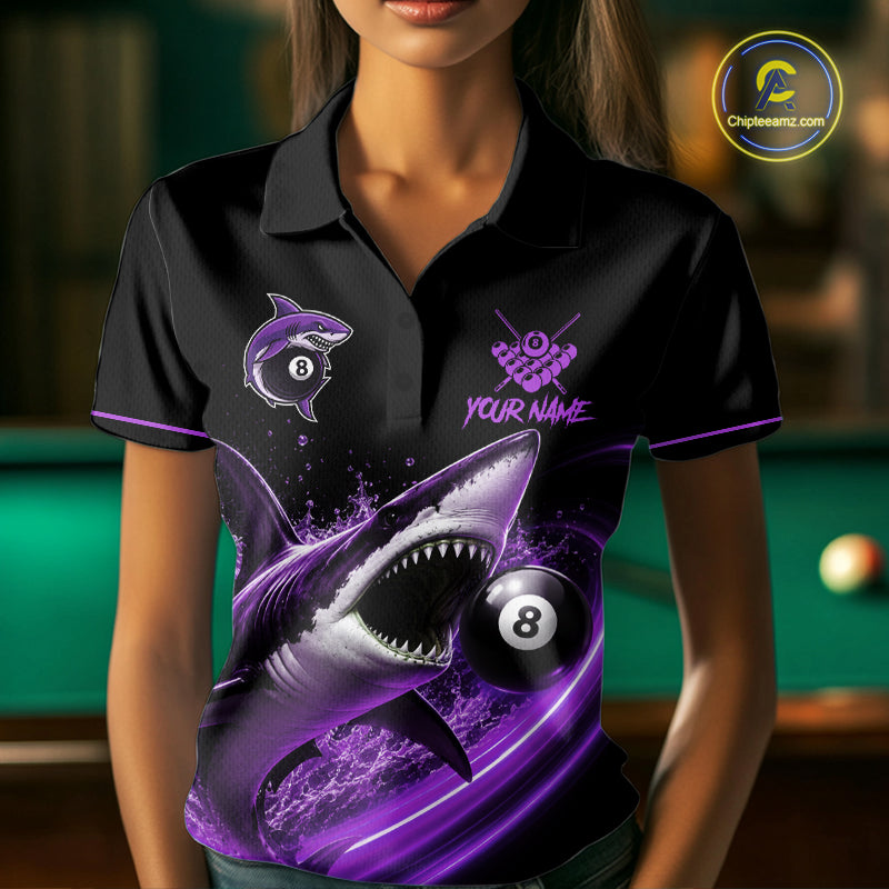 Black And Purple 8 Ball Shark Billiard League Shirt For Women Custom Pool Team Jersey Polo & 1/4 Zip TDM7489