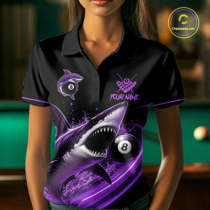 Black And Purple 8 Ball Shark Billiard League Shirt For Women Custom Pool Team Jersey Polo & 1/4 Zip TDM7489
