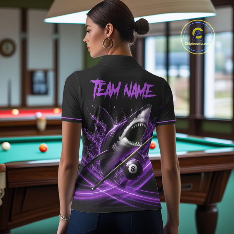 Black And Purple 8 Ball Shark Billiard League Shirt For Women Custom Pool Team Jersey Polo & 1/4 Zip TDM7489
